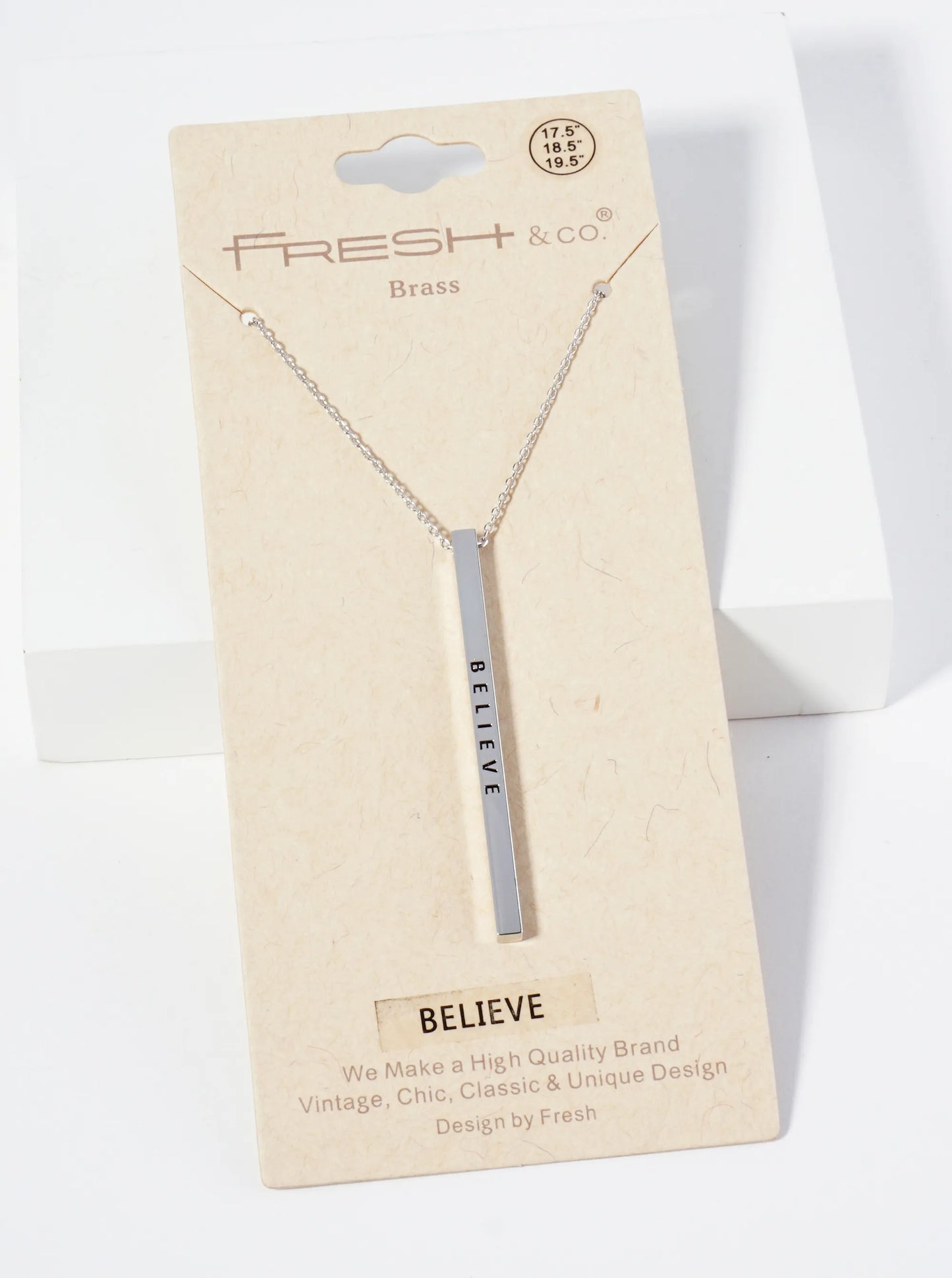 Believe Engraved Vertical Bar Pendant Inspirational Necklace