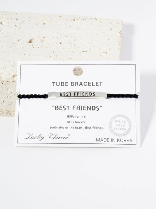 Best Friends Engraved 18K Gold Dipped Curved Brass Tube Bar Adjustable Pull Tie Bracelet