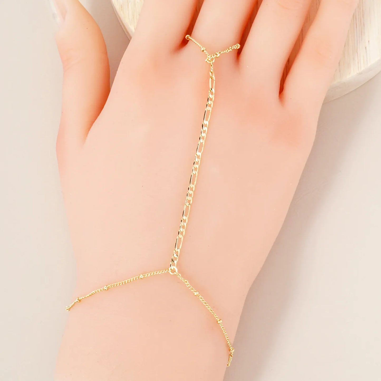 Bevelled Figaro-Chain Accents 18K-Gold-Dipped Brass Satellite Hand-Chain Bracelet