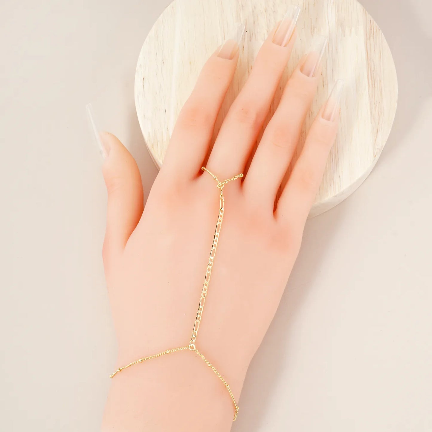 Bevelled Figaro-Chain Accents 18K-Gold-Dipped Brass Satellite Hand-Chain Bracelet