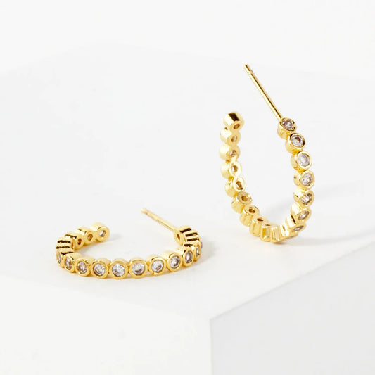 Bezel-Set CZ 15mm 14K-Gold-Dipped Brass Push-Back Small Hoop Earrings