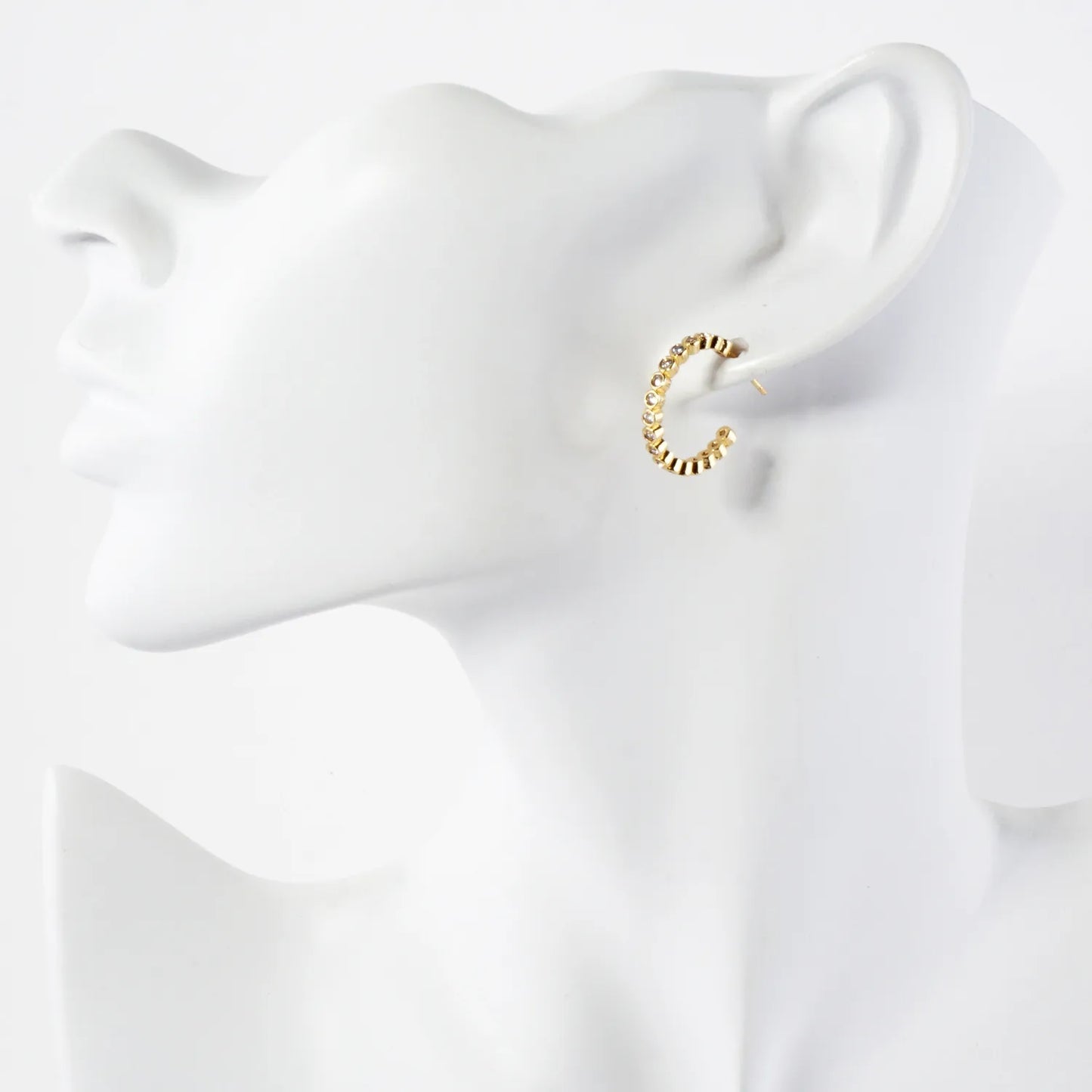 Bezel-Set CZ 15mm 14K-Gold-Dipped Brass Push-Back Small Hoop Earrings