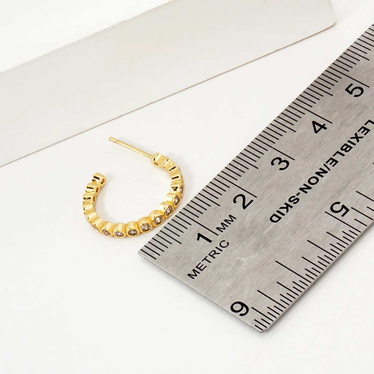 Bezel-Set CZ 15mm 14K-Gold-Dipped Brass Push-Back Small Hoop Earrings