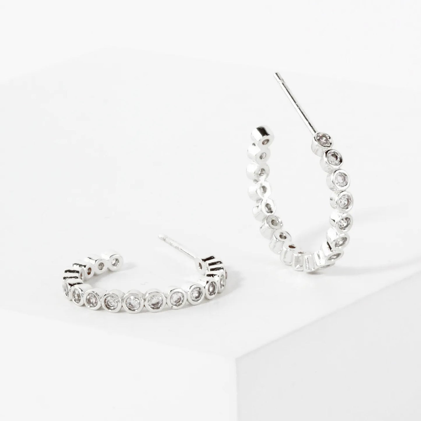 Bezel-Set CZ 15mm 14K-Gold-Dipped Brass Push-Back Small Hoop Earrings