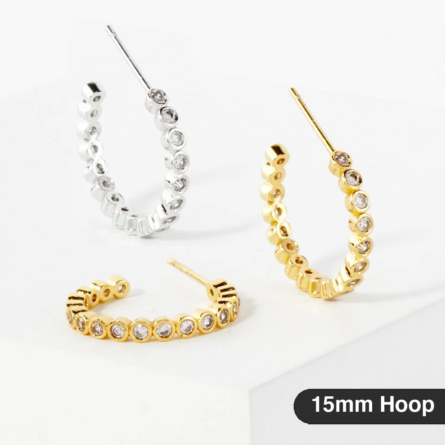 Bezel-Set CZ 15mm 14K-Gold-Dipped Brass Push-Back Small Hoop Earrings