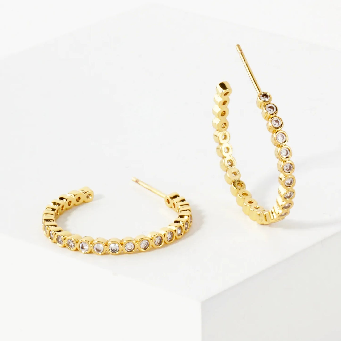 Bezel-Set CZ 20mm 14K-Gold-Dipped Brass Push-Back Small Hoop Earrings