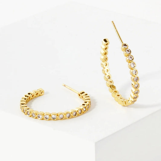 Bezel-Set CZ 20mm 14K-Gold-Dipped Brass Push-Back Small Hoop Earrings