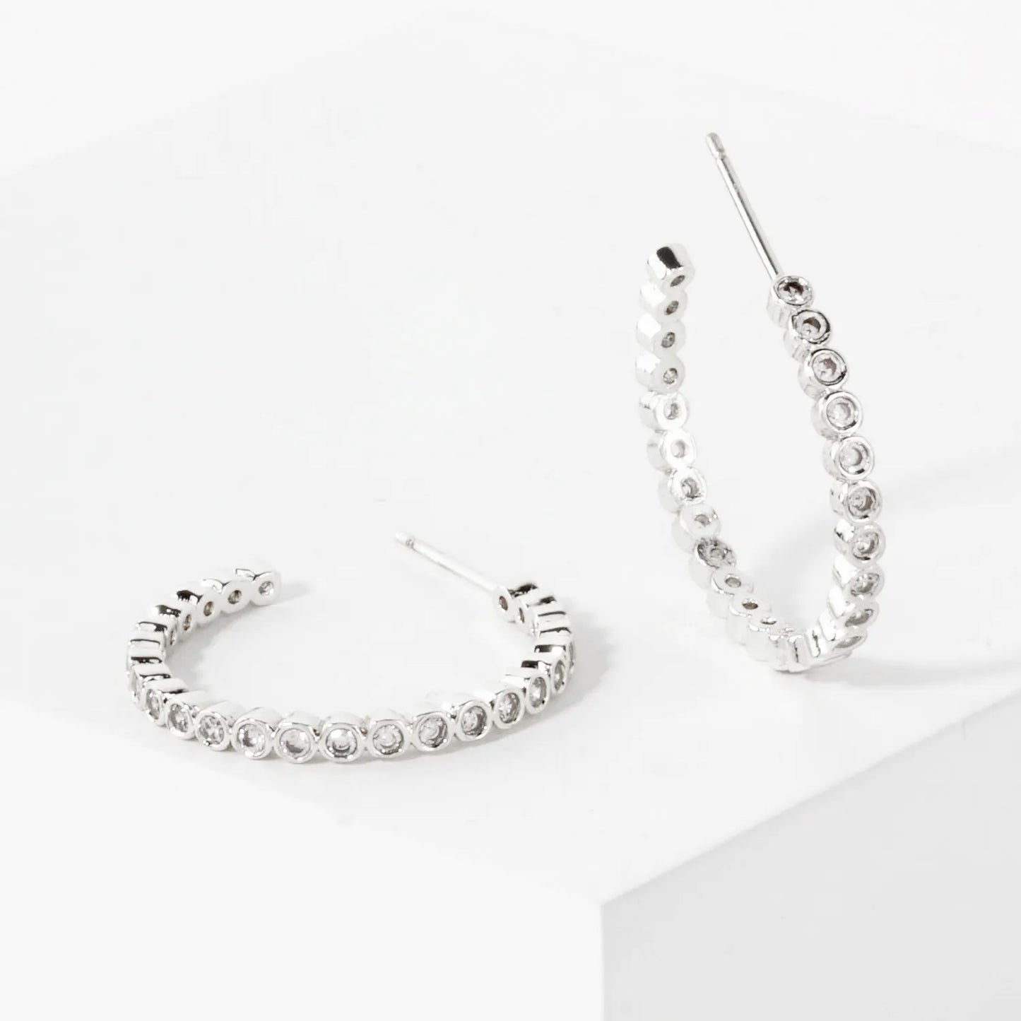 Bezel-Set CZ 20mm 14K-Gold-Dipped Brass Push-Back Small Hoop Earrings