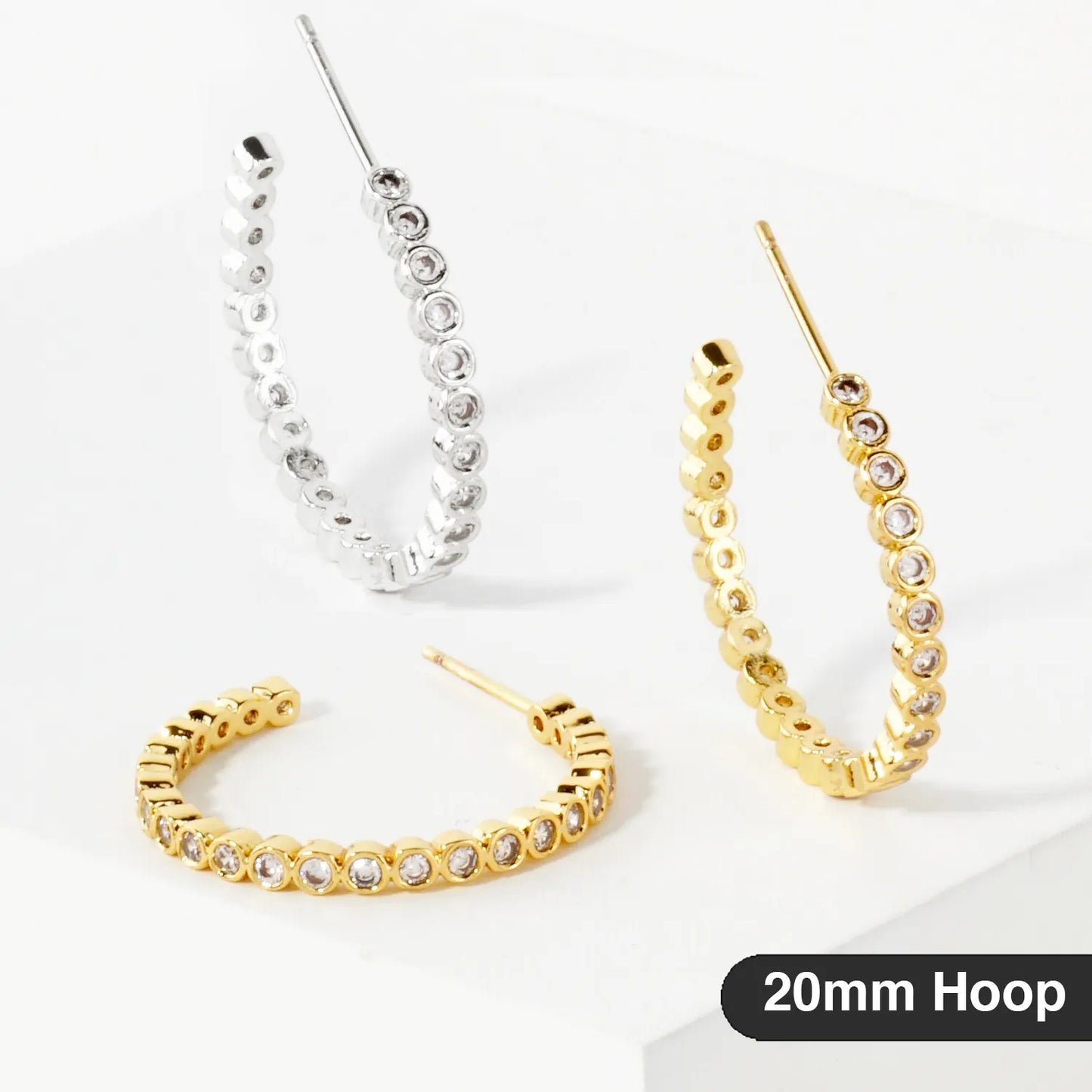 Bezel-Set CZ 20mm 14K-Gold-Dipped Brass Push-Back Small Hoop Earrings