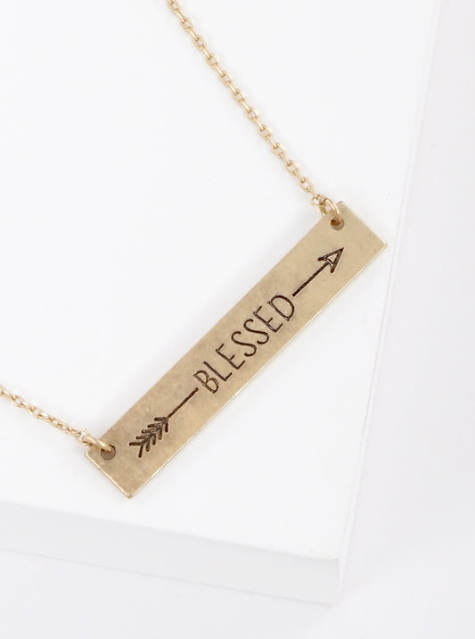 Blessed Arrow Engraved Horizontal Bar Pendant Necklace