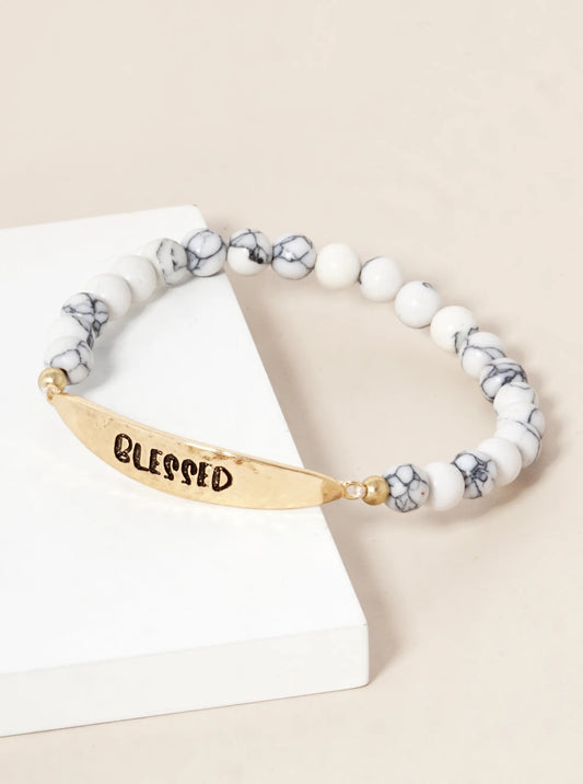Blessed Engraved 6mm Semi-Precious Stone Stretch Bracelet