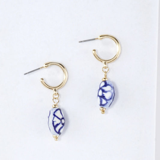 Blue White Porcelain Bead Hoop Earrings