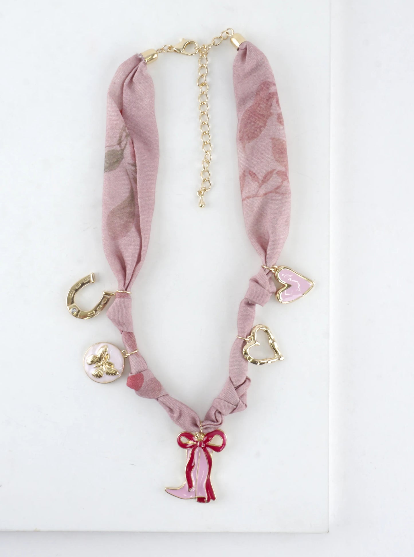 Blush Fabric Cowgirl Boots Hearts Charm Necklace