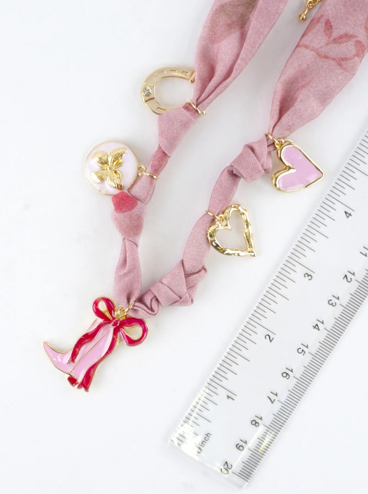 Blush Fabric Cowgirl Boots Hearts Charm Necklace