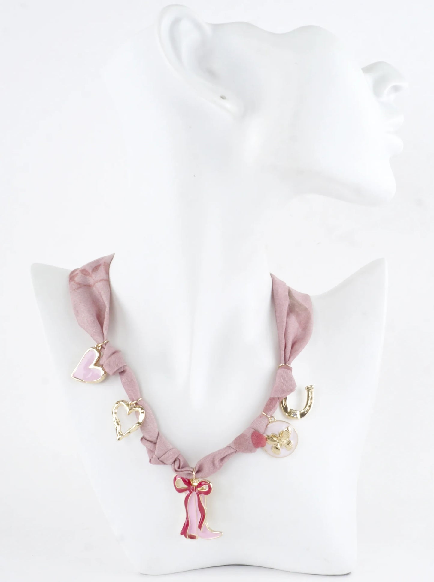 Blush Fabric Cowgirl Boots Hearts Charm Necklace