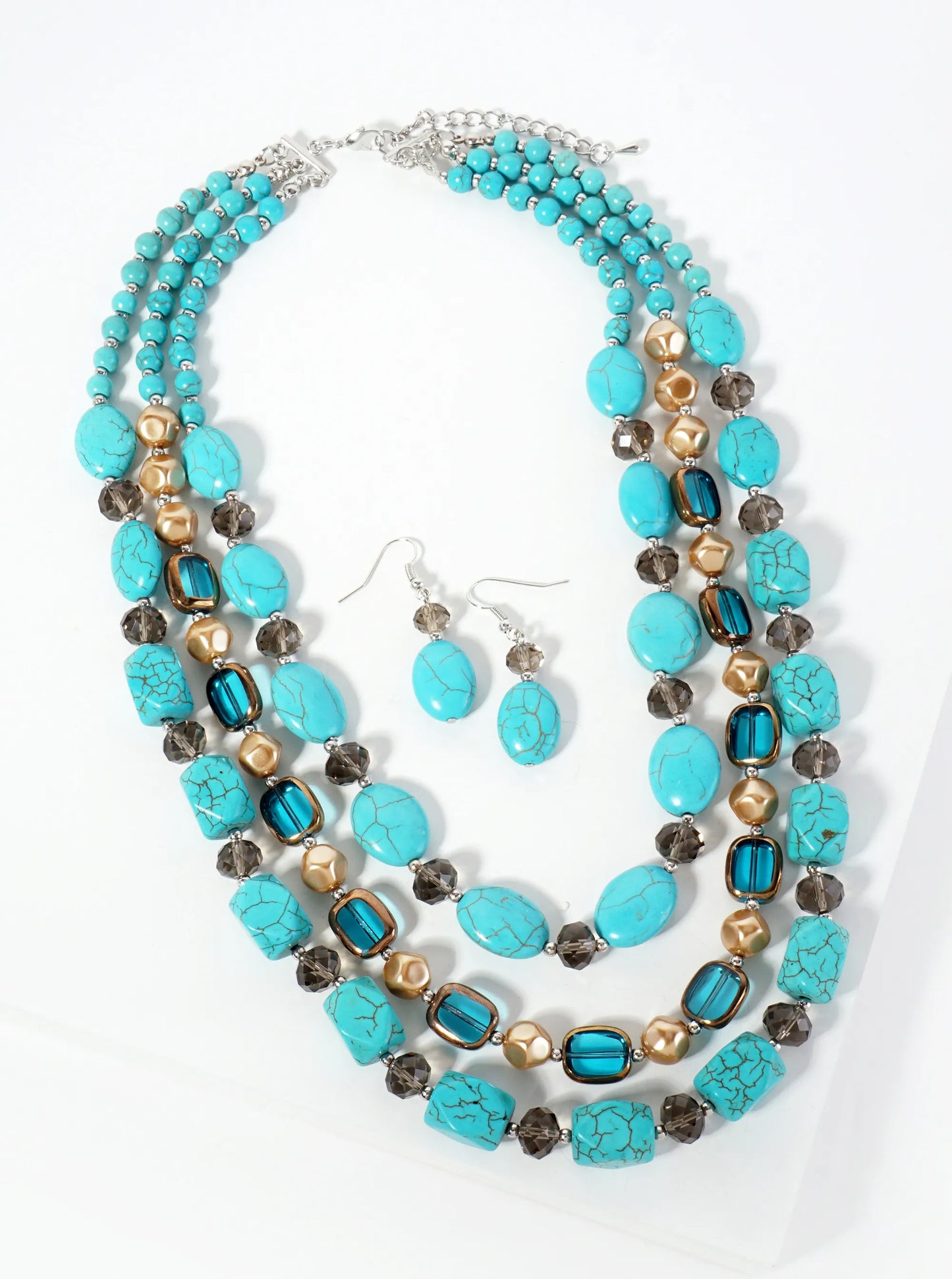 Bohemian 3-Strand Turquoise Semi-Precious Stones Glass-Beads Draped Layered Western Bib Necklace Set-with-Earrings