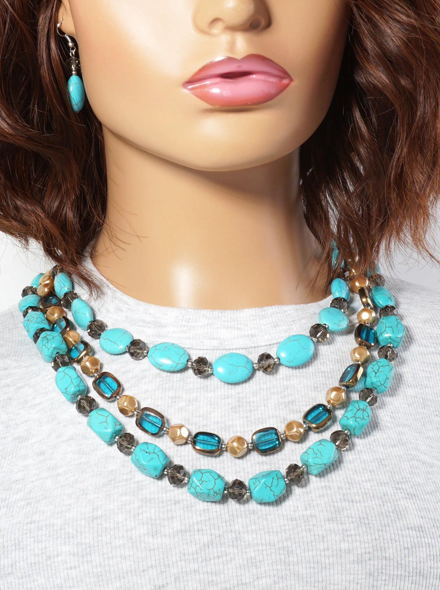 Bohemian 3-Strand Turquoise Semi-Precious Stones Glass-Beads Draped Layered Western Bib Necklace Set-with-Earrings
