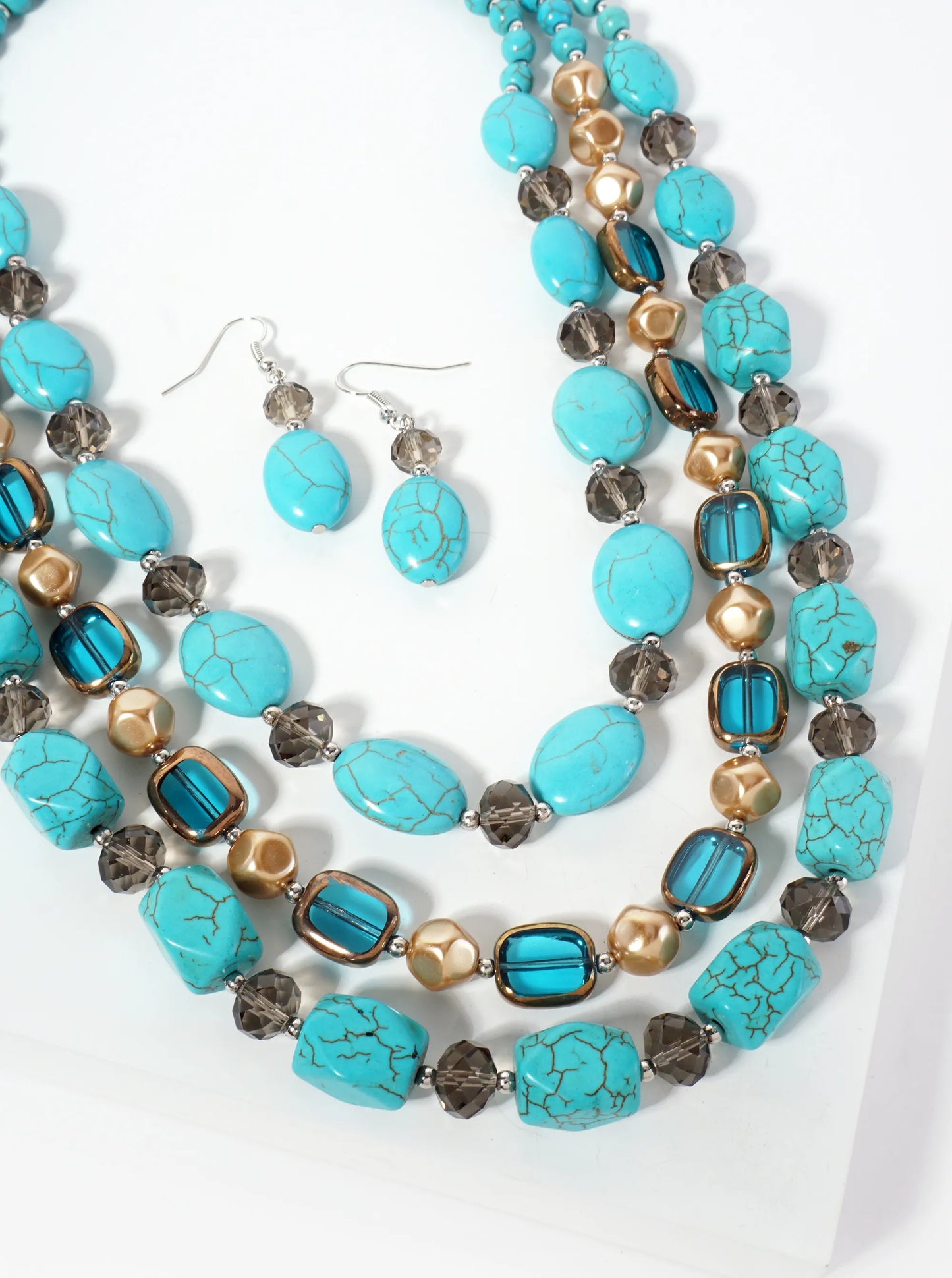 Bohemian 3-Strand Turquoise Semi-Precious Stones Glass-Beads Draped Layered Western Bib Necklace Set-with-Earrings