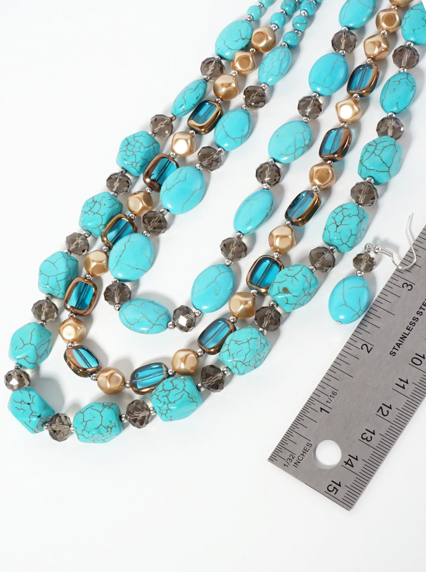 Bohemian 3-Strand Turquoise Semi-Precious Stones Glass-Beads Draped Layered Western Bib Necklace Set-with-Earrings