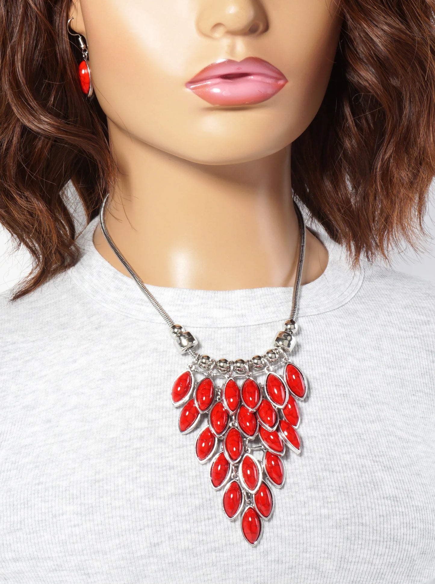 Bohemian Marquise-Shaped Semi-Precious Western Bib Statement Necklace Set-with-Earrings