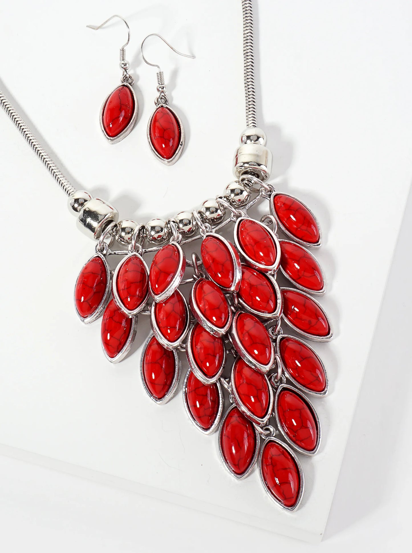 Bohemian Marquise-Shaped Semi-Precious Western Bib Statement Necklace Set-with-Earrings