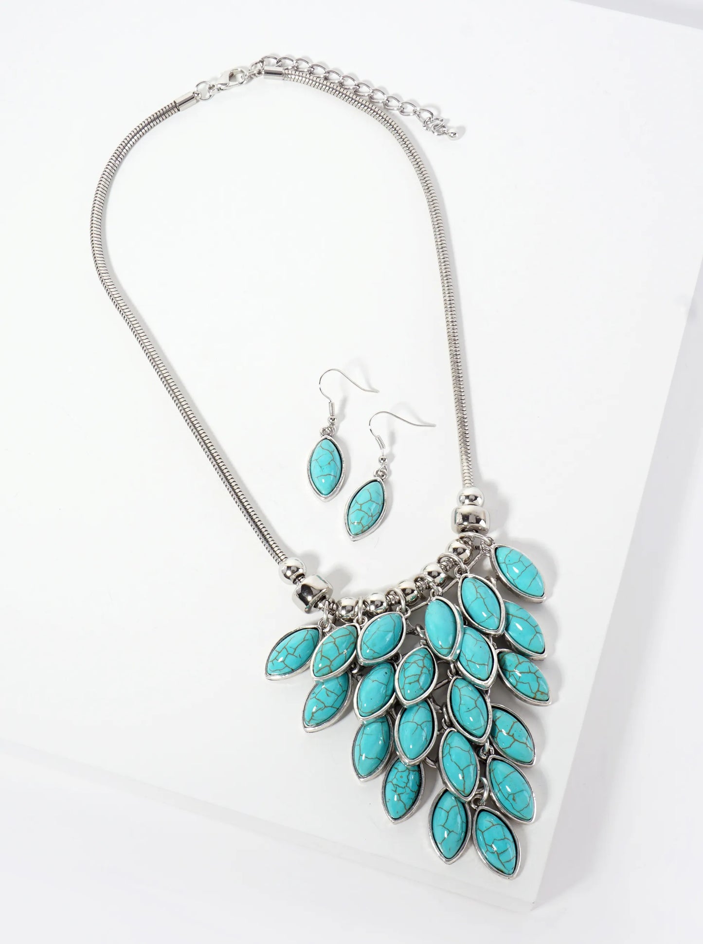 Bohemian Marquise-Shaped Semi-Precious Western Bib Statement Necklace Set-with-Earrings