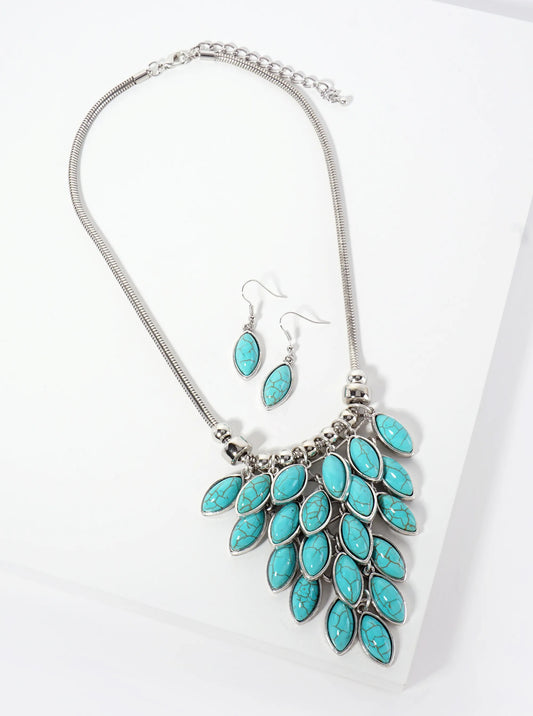 Bohemian Marquise-Shaped Semi-Precious Western Bib Statement Necklace Set-with-Earrings