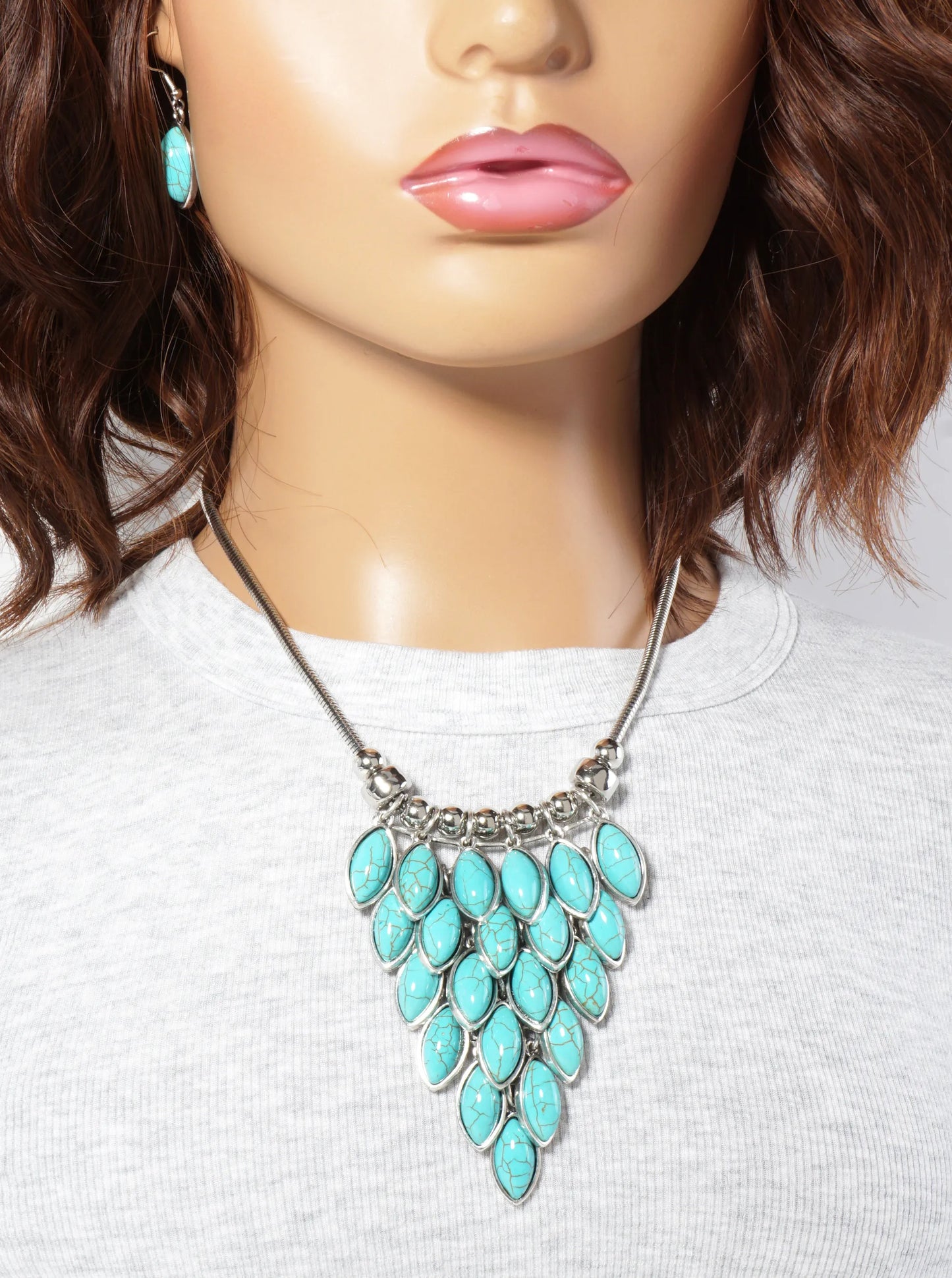 Bohemian Marquise-Shaped Semi-Precious Western Bib Statement Necklace Set-with-Earrings