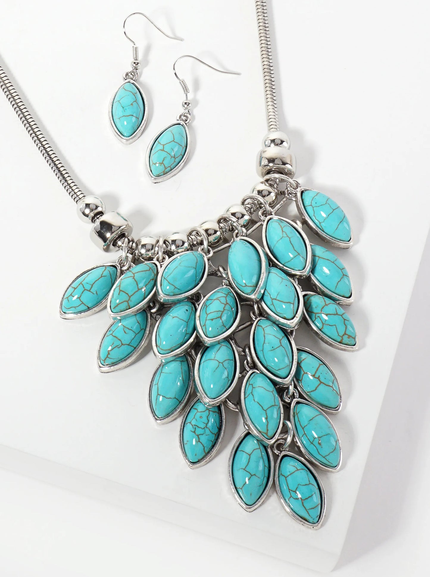 Bohemian Marquise-Shaped Semi-Precious Western Bib Statement Necklace Set-with-Earrings