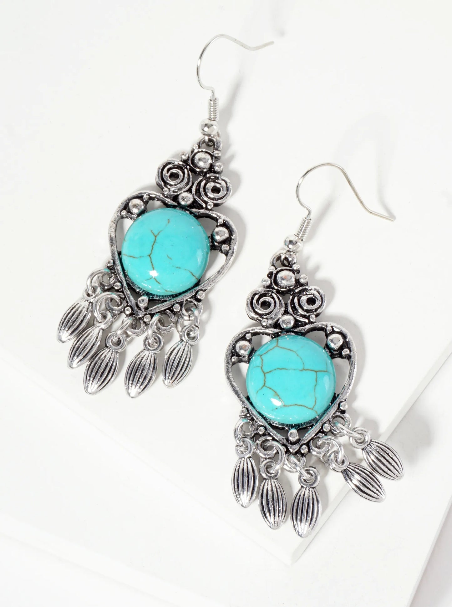 Bohemian Western Animal-Theme Semi-Precious Natural-Stone Heart-Shape Owl Dangle Drop Earrings