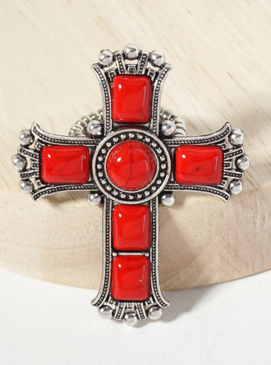 Bohemian Western Semi-Precious Natural-Stone Cross Statement Stretch Ring