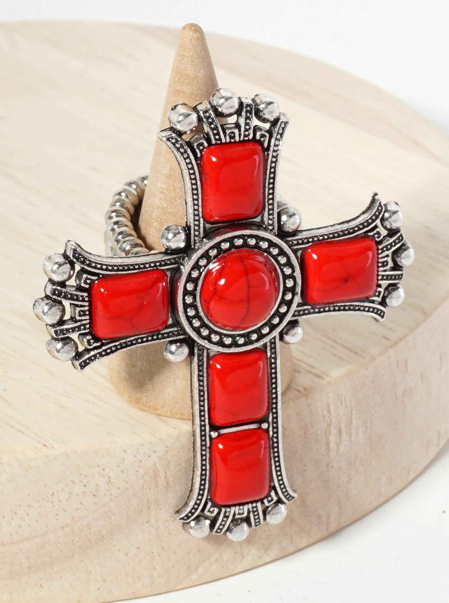 Bohemian Western Semi-Precious Natural-Stone Cross Statement Stretch Ring