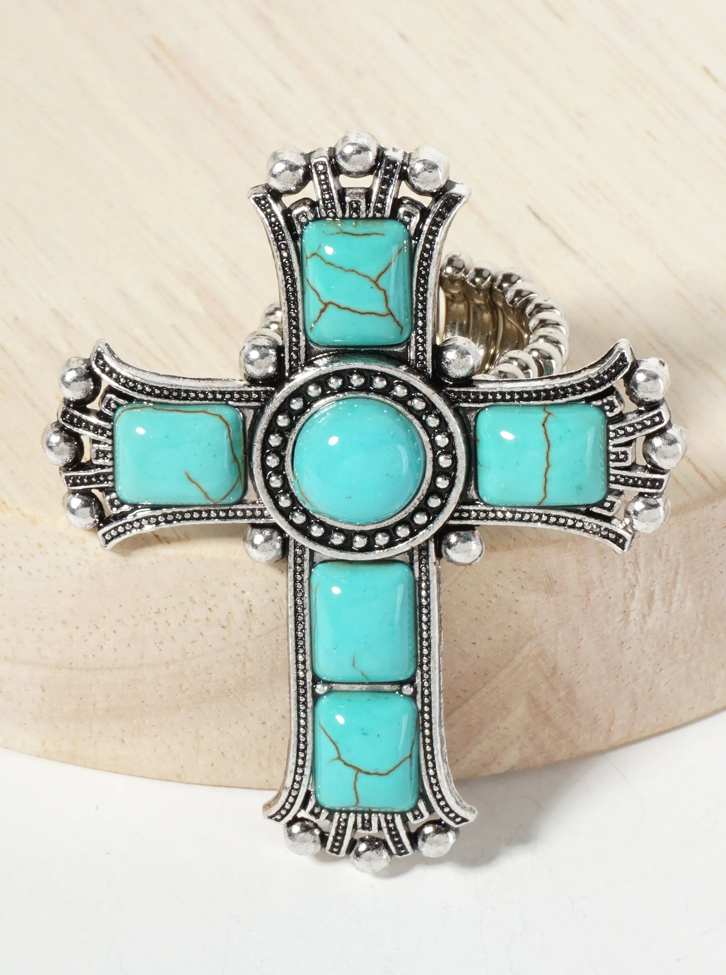 Bohemian Western Semi-Precious Natural-Stone Cross Statement Stretch Ring