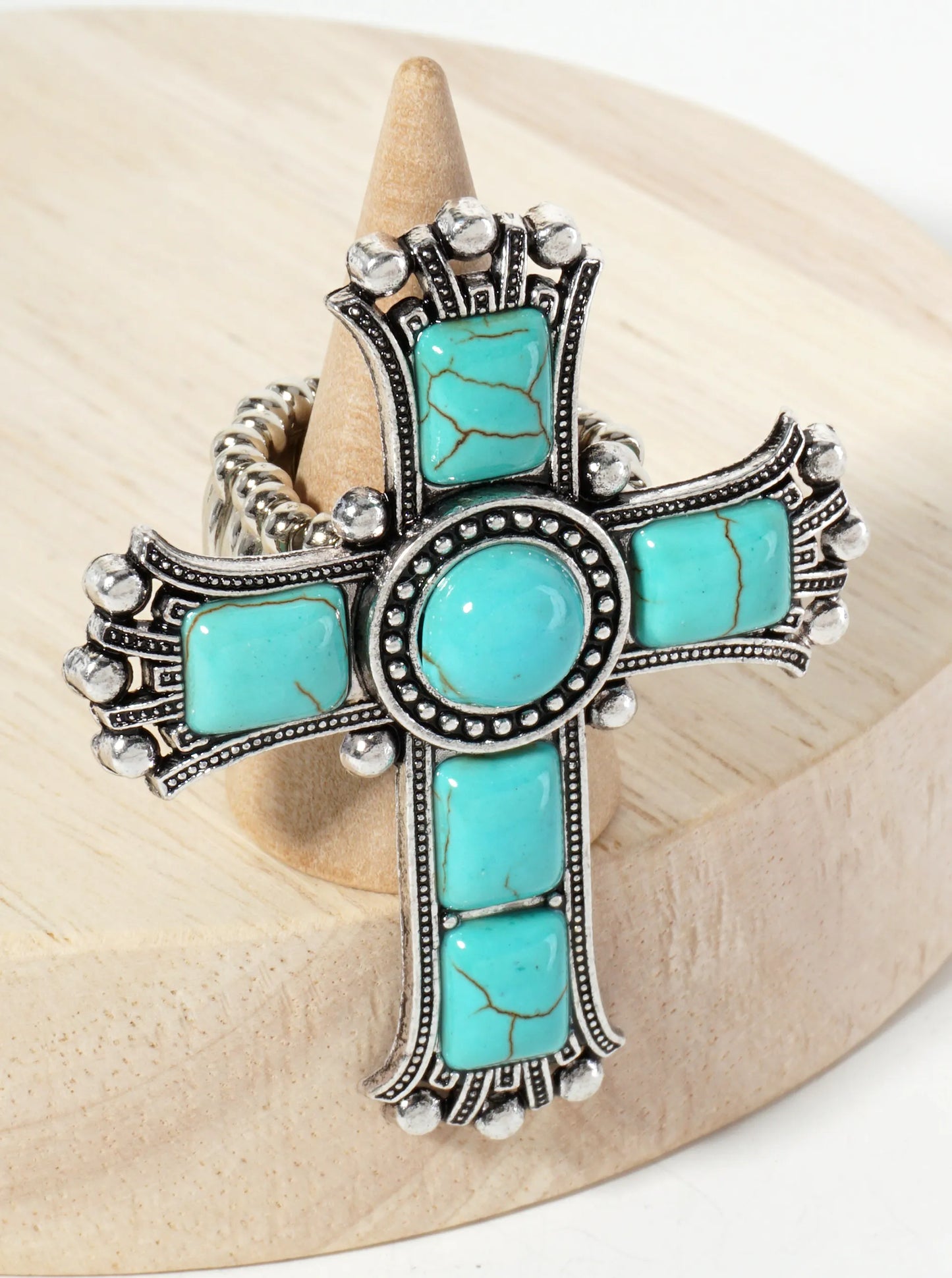 Bohemian Western Semi-Precious Natural-Stone Cross Statement Stretch Ring