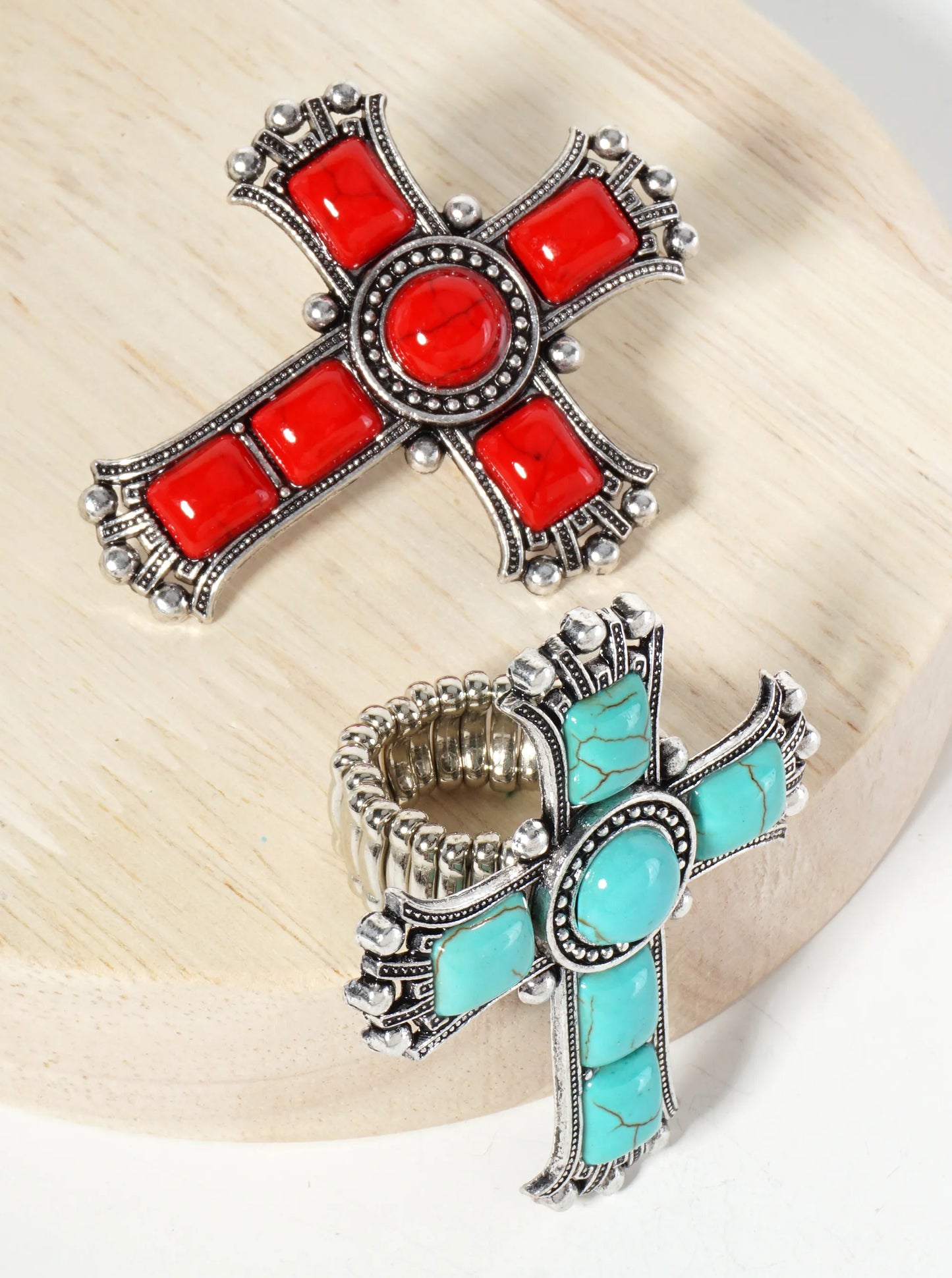 Bohemian Western Semi-Precious Natural-Stone Cross Statement Stretch Ring