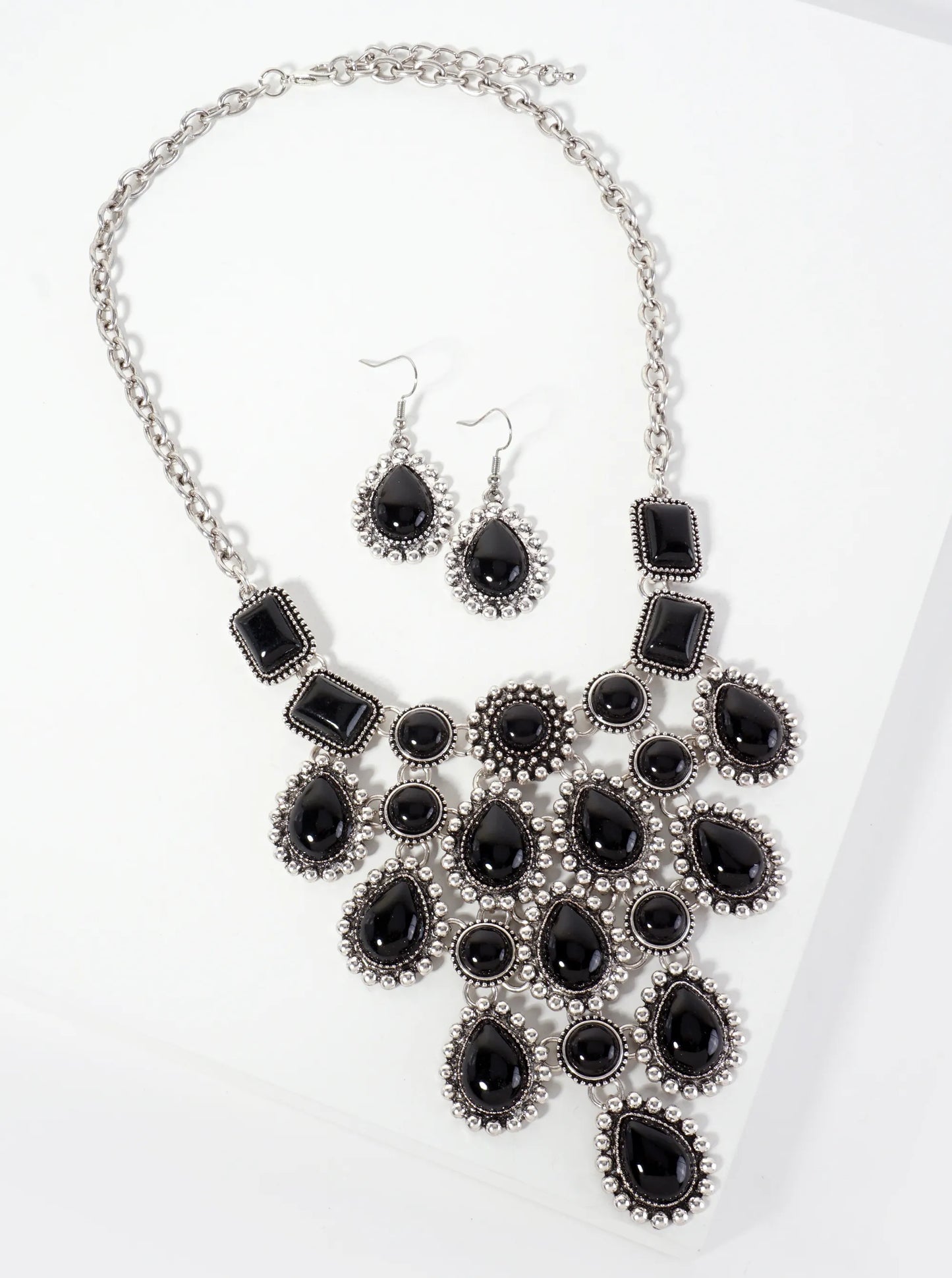 Bohemian Western Statement Bib Necklace In Black Set-with-Earrings