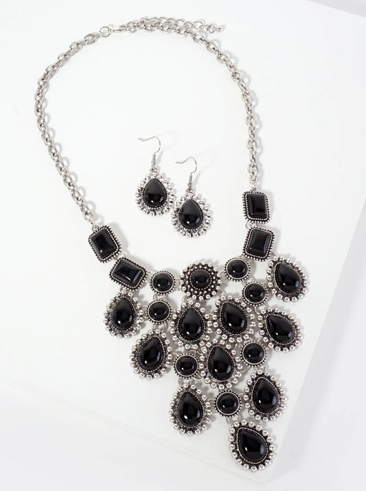 Bohemian Western Statement Bib Necklace In Black Set-with-Earrings
