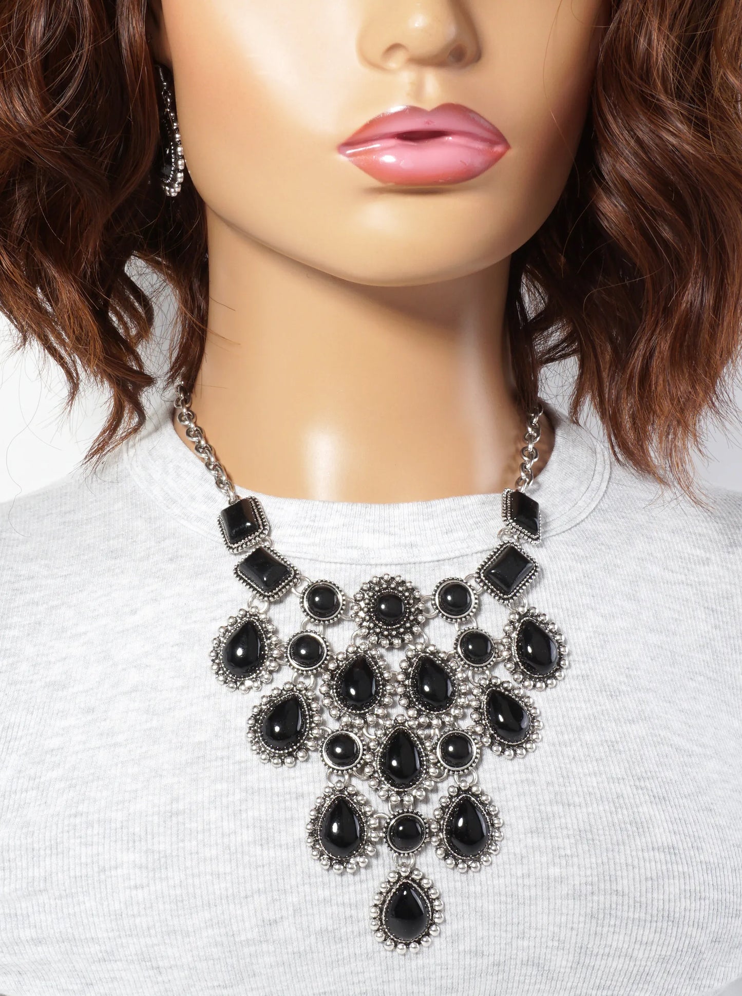 Bohemian Western Statement Bib Necklace In Black Set-with-Earrings