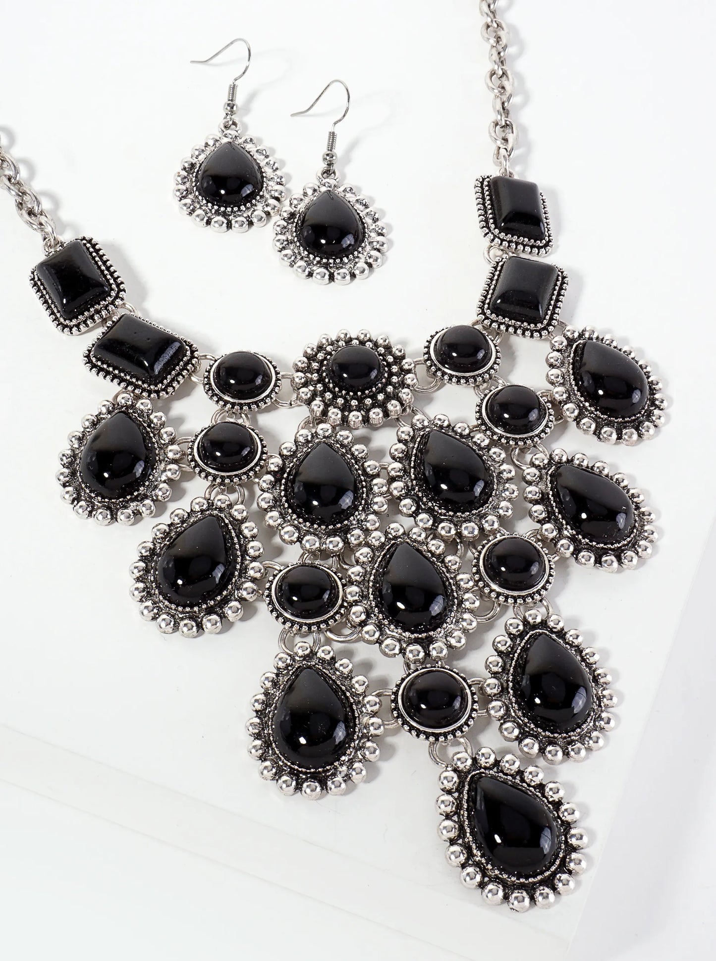 Bohemian Western Statement Bib Necklace In Black Set-with-Earrings