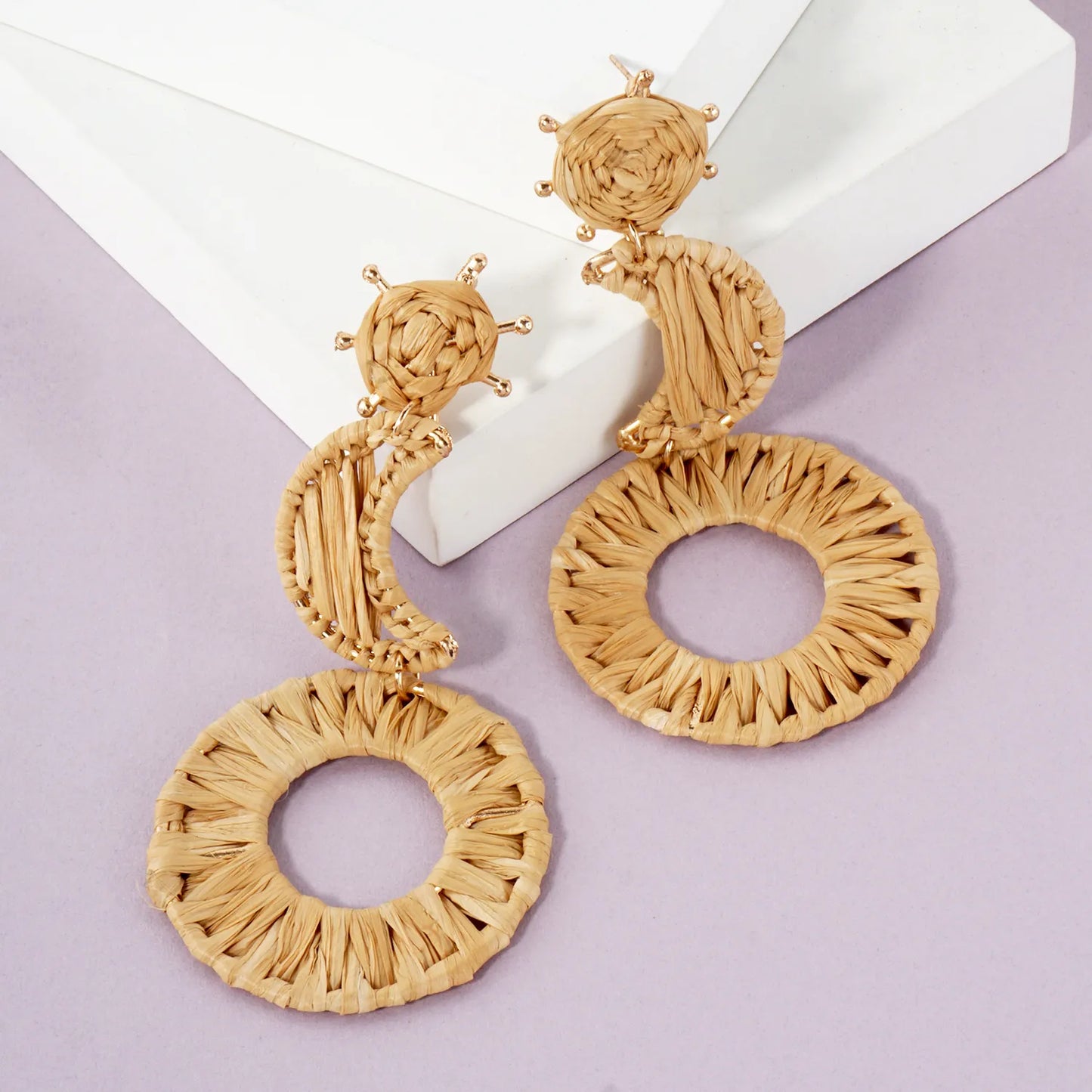 Boho 4-Inch Raffia Rattan Circle Moon Sun Drop Earthy Energy Statement Earrings