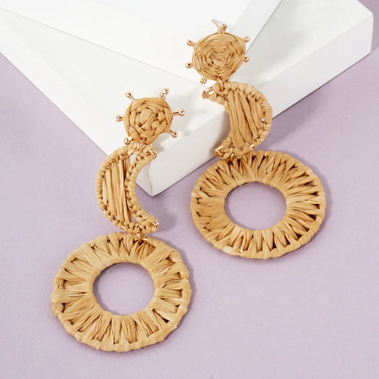 Boho 4-Inch Raffia Rattan Circle Moon Sun Drop Earthy Energy Statement Earrings