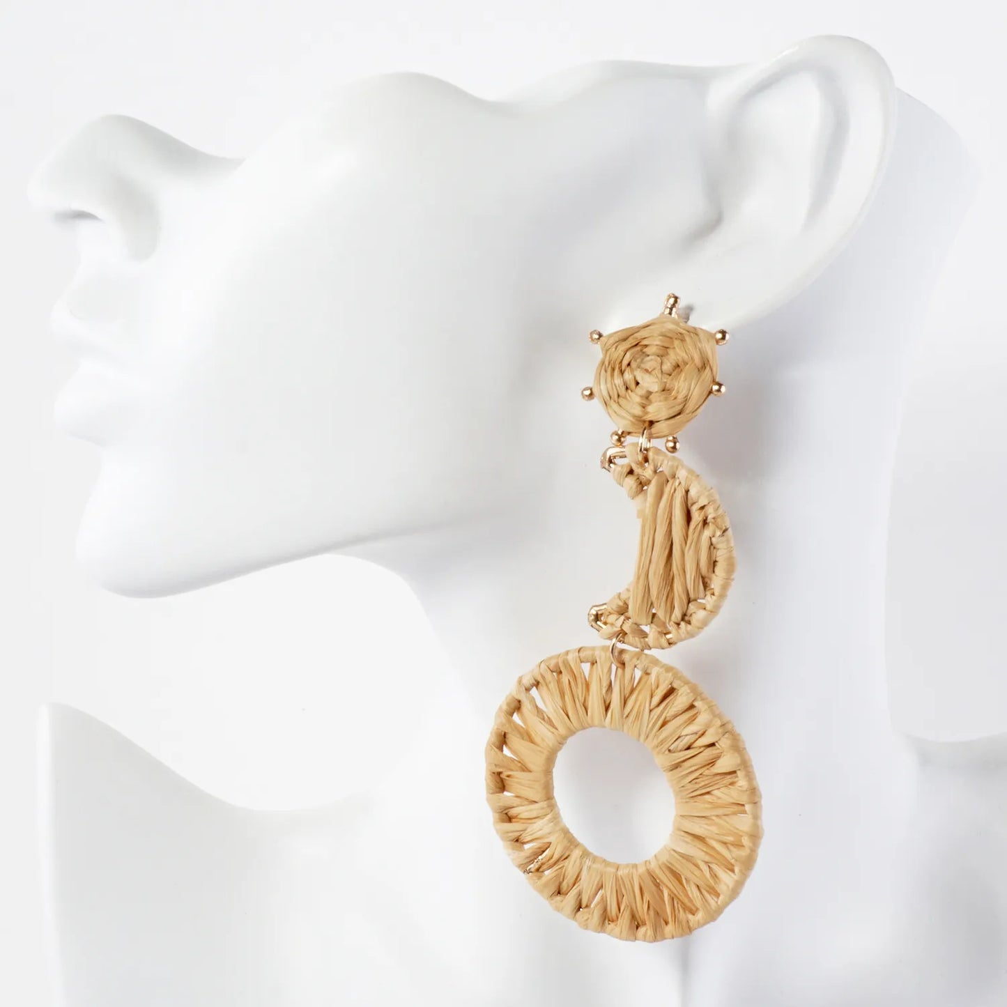 Boho 4-Inch Raffia Rattan Circle Moon Sun Drop Earthy Energy Statement Earrings