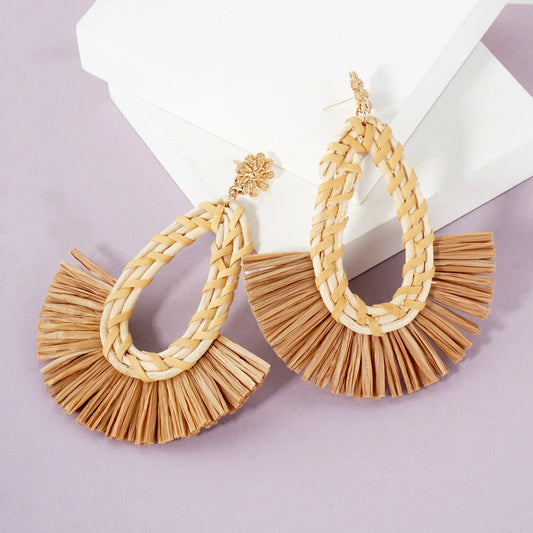 Boho 4-Inch Raffia Rattan Teardrop Fan Tassel Statement Earrings