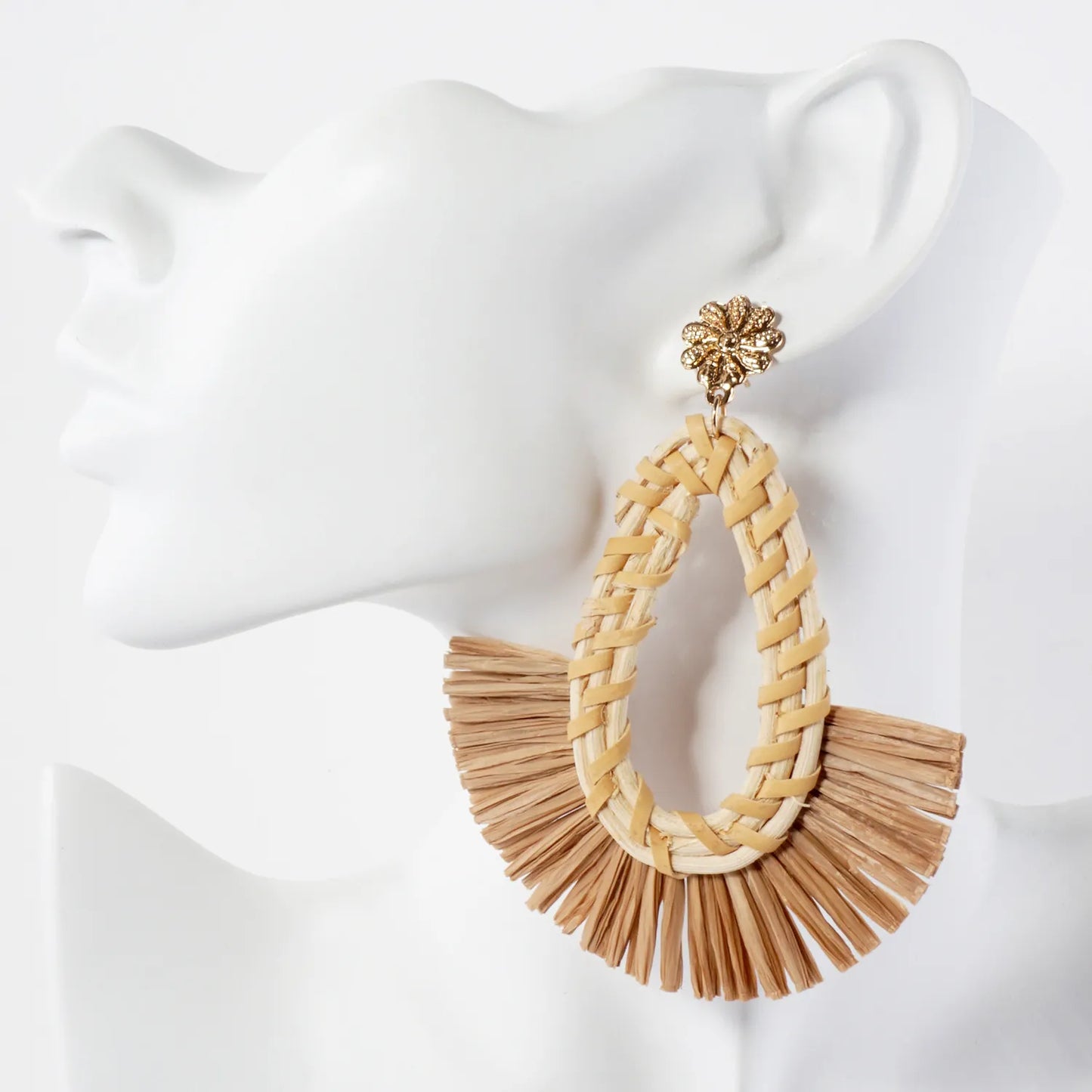 Boho 4-Inch Raffia Rattan Teardrop Fan Tassel Statement Earrings