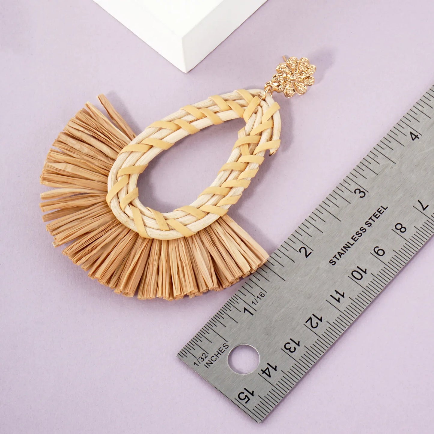 Boho 4-Inch Raffia Rattan Teardrop Fan Tassel Statement Earrings