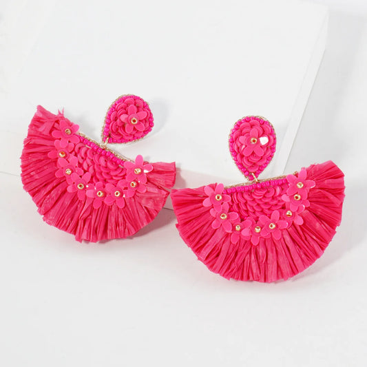 Boho Floral Raffia Fan Tassel Statement Earrings