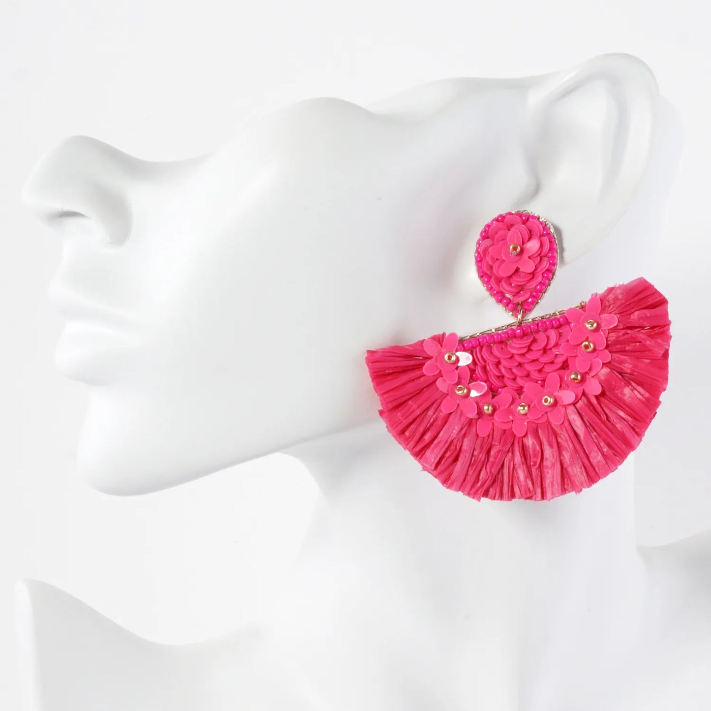 Boho Floral Raffia Fan Tassel Statement Earrings
