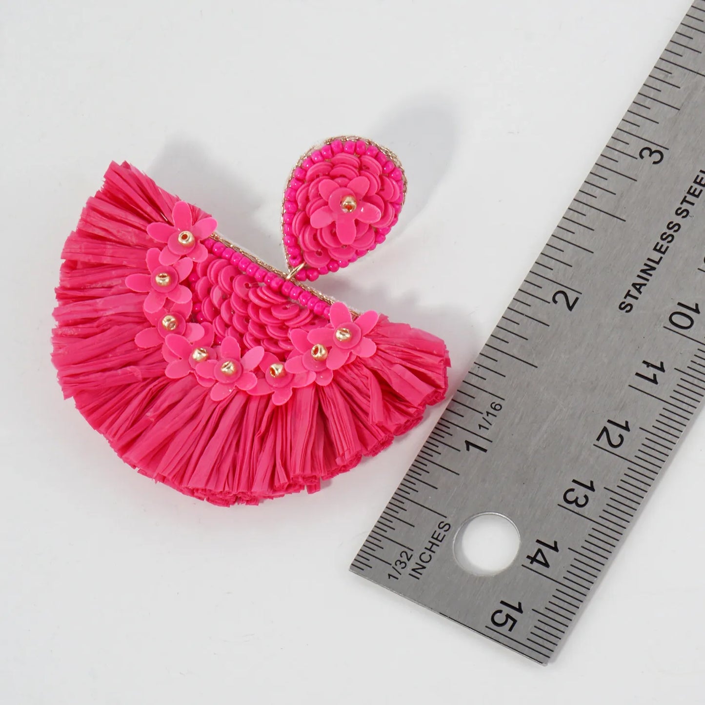 Boho Floral Raffia Fan Tassel Statement Earrings