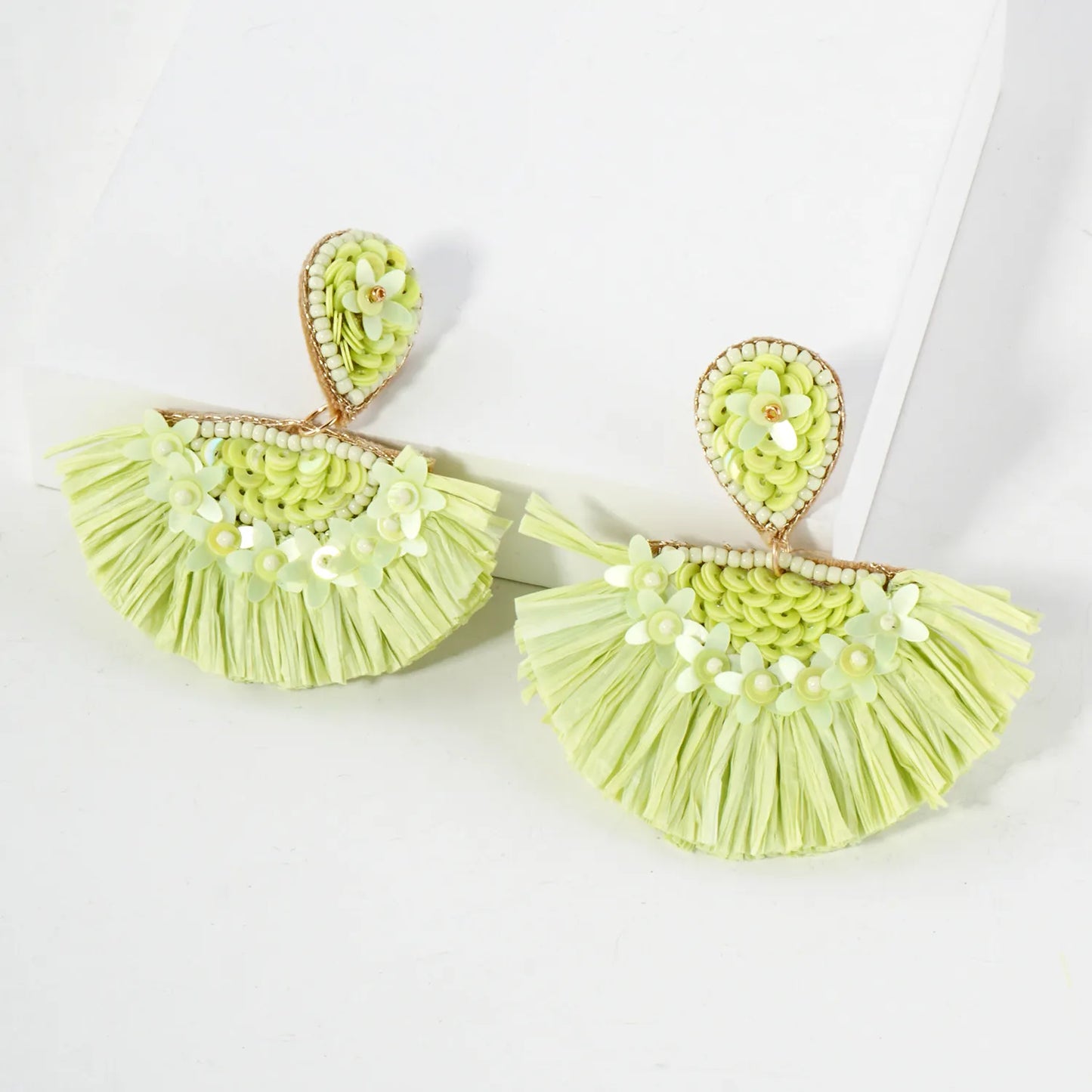 Boho Floral Raffia Fan Tassel Statement Earrings