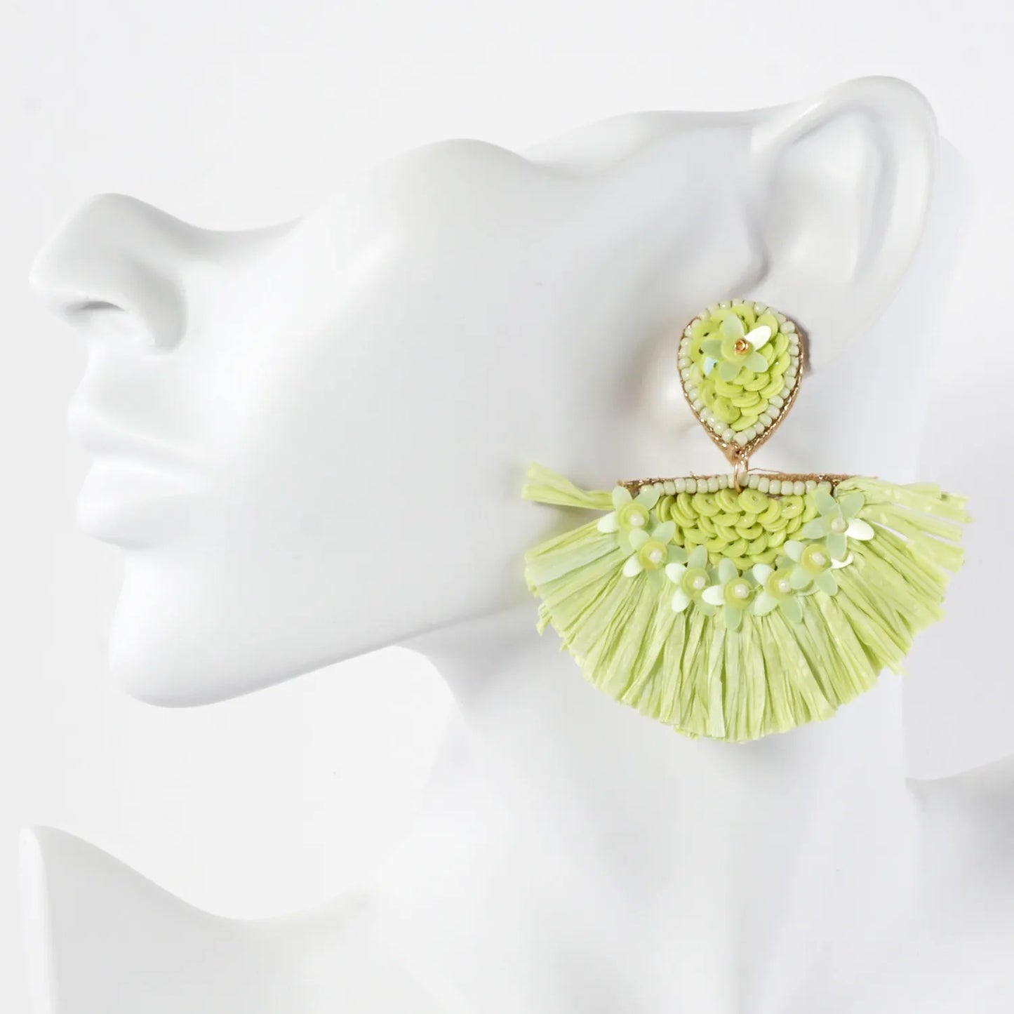 Boho Floral Raffia Fan Tassel Statement Earrings